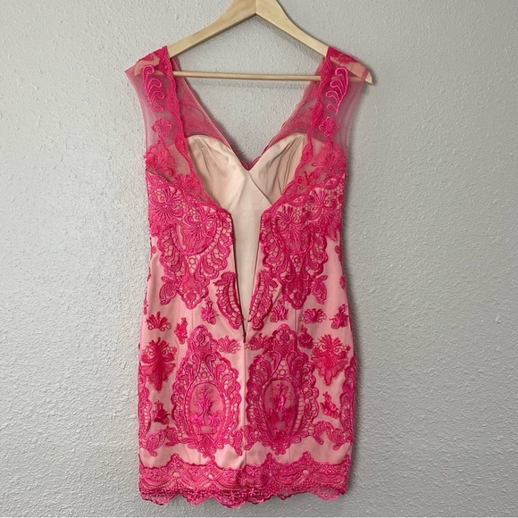 JVN by Jovani Bonny Dress Pink Crochet Lace Beige Sheer Cocktail Mini - Picture 7 of 13
